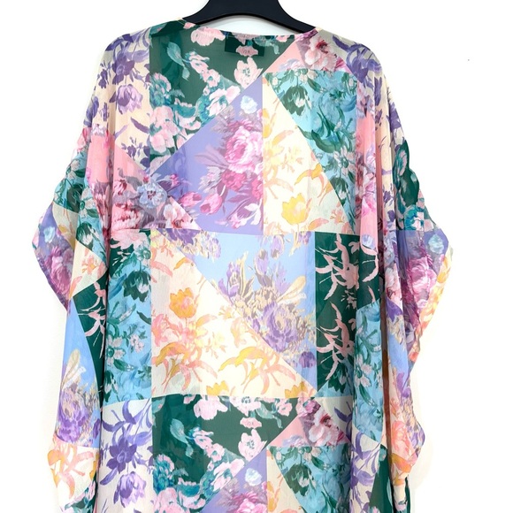 Lane Bryant boho open front green pink sheer patchwork floral maxi kimono duster - Picture 7 of 16